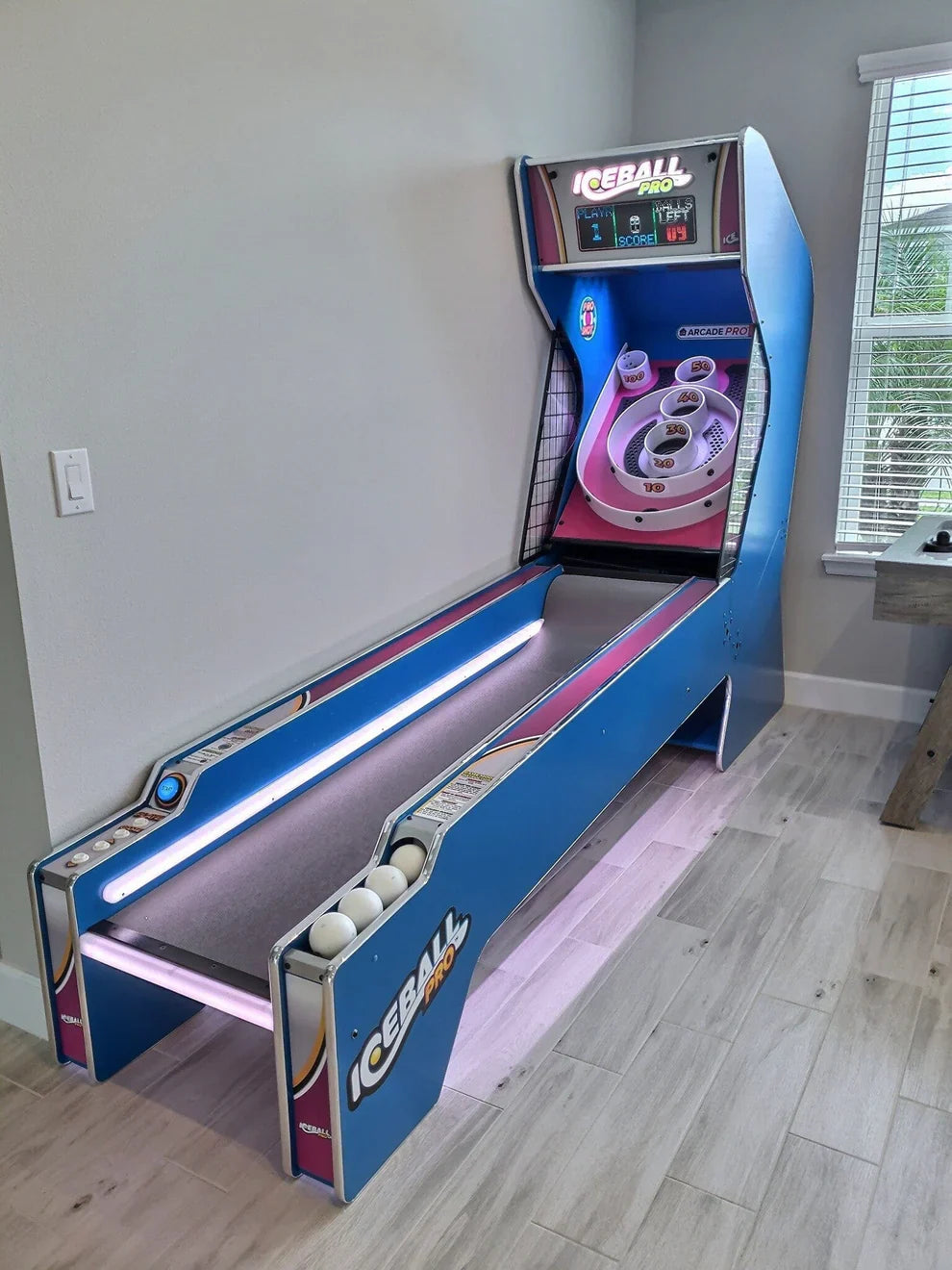 ICE Ball Pro blue skee ball machine – custom arcade setup for homes and entertainment venues